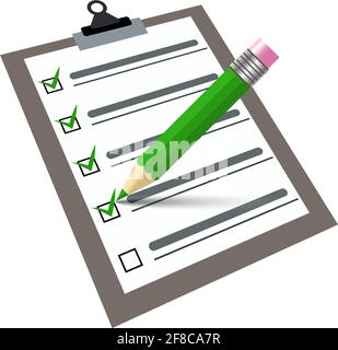 Liste de contrôle vectorielle et écriture au stylet sur un presse-papiers. Signe le document contractuel. Stylo vert et coche verte sur le presse-papiers dans un style 3d. Concept de liste des tâches. Bus Illustration de Vecteur