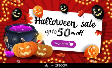 Soldes d'Halloween, jusqu'à 50 rabais, bannière rouge avec ballons d'halloween, guirlande, chou-fleur de sorcière et citrouille Jack Banque D'Images