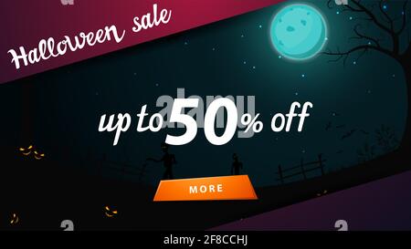 Solde d'Halloween, jusqu'à 50 % de rabais, bannière de réduction avec paysage d'halloween en arrière-plan. Bannière Web de remise avec bouton Banque D'Images