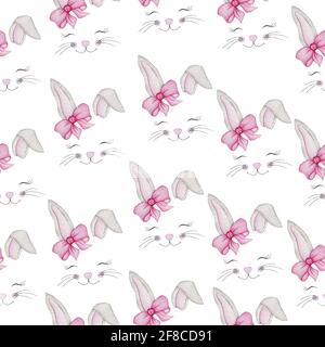 Motif sans couture avec aquarelle de jolis visages de lapin de dessin animé, peint à la main aquarelle motif de Pâques pour papier peint, papier d'emballage, scrapbooking, tissus Banque D'Images