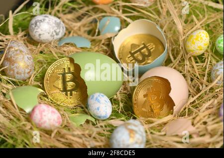 Galati, Roumanie - 13 avril 2021 Studio shot de monnaie Bitcoin d'or et oeufs de Pâques Banque D'Images