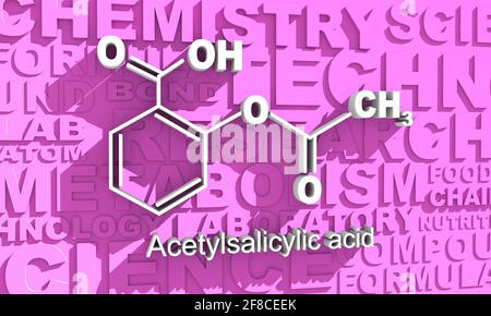 Formule chimique structurale de l'acide acétylsalicylique. Rendu 3D de la molécule Aspirin. Banque D'Images