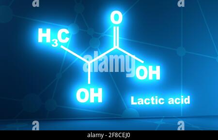 Molécule d'acide lactique. Formule chimique structurelle. Illustration infographique. Rendu 3D. Brillance des néons Banque D'Images