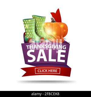 Vente de Thanksgiving, bannière Web isolée avec ruban, bottes en caoutchouc, citrouille, champignons et feuille d'automne. Bon de réduction isolé sur fond blanc pour Banque D'Images