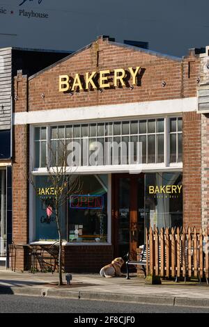 Snoqualmie, WA, États-Unis - 11 avril 2021 ; l'entreprise de boulangerie en briques dans le centre-ville de North Bend, Washington, tôt le matin sous le soleil. Banque D'Images