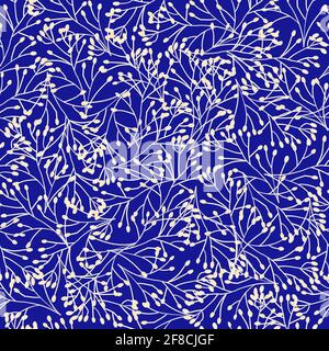 Motif sans couture dense herbe plantes ornement, laisse des branches bleu royal blanc. Répétition de la nature florale fond délicat dense élégant pour Banque D'Images