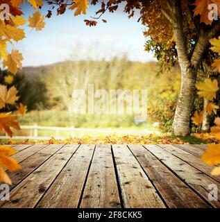 Feuilles d'automne et arrière-plan de table en bois avec espace de copie Banque D'Images