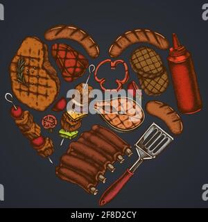 Motif coeur sur fond sombre avec spatule, côtes de porc, kebab, saucisses, steak, bouteilles de sauce, patties de hamburger grillées, tomates grillées, saumon grillé Illustration de Vecteur