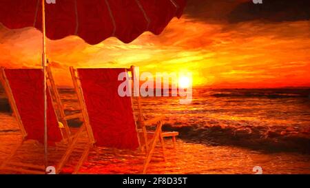 Deux chaises vides sur la plage sous un parasol ouvert avec vue coucher de soleil sur la mer - rendu 3d avec effet de peinture Banque D'Images