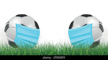 Ballons de football réalistes dans un masque médical sur un vert Arrière-plan de pelouse - illustration vectorielle Illustration de Vecteur