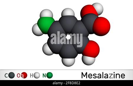 Mésalazine, mésalamine, molécule d'acide 5-aminosalicylique. Il s'agit d'un anti-inflammatoire non stéroïdien, utilisé pour le traitement de la colite ulcéreuse, de la maladie de Crohn Banque D'Images