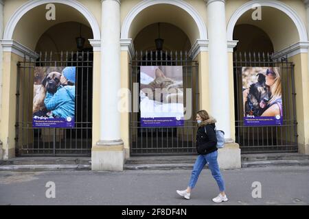 Le 10 avril 2021, une femme passe devant une exposition de photos d'animaux de compagnie protégés à Varsovie, en Pologne. « les animaux sans abri à travers l'objectif » est une exposition de photos Banque D'Images