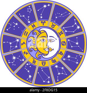 astrologie horoscope roue étoiles constellations soleil lune illustration Banque D'Images