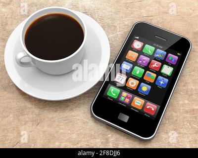 Smartphone mobile avec icônes d'application sur un écran et une tasse de café posée sur une table en bois. image 3d Banque D'Images