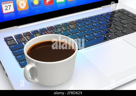 ordinateur portable 3d avec applications colorées sur écran bleu et tasse à café allongée Banque D'Images