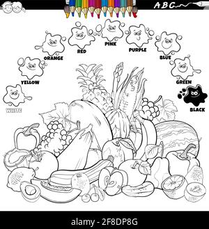 Illustration de dessin animé éducatif noir et blanc de couleurs de base pour les enfants avec des légumes et des fruits livre de coloriage de groupe d'objets alimentaires page Illustration de Vecteur