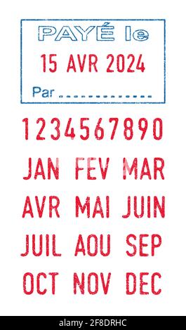 Illustration vectorielle du mot français Paye (payé) en tampon d'encre bleue et dates modifiables en français (jour, mois et année) en tampons d'encre rouge Illustration de Vecteur