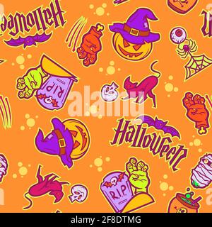 Motif sans couture pour la décoration des fêtes d'Halloween. Symboles Halloween dessin animé citrouille, bat.illustration vectorielle Illustration de Vecteur