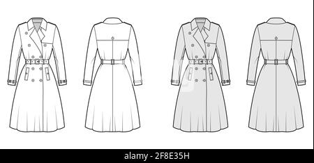 Manteau Trench complet illustration technique de la mode avec ceinture, croisé, manches longues, longueur genou, rabat anti-tempête. Modèle de veste plate à l'avant, à l'arrière, blanc, style gris. Les femmes et les hommes sont les meilleurs mackup CAD Illustration de Vecteur