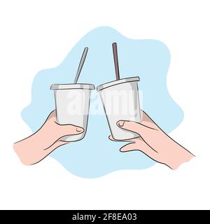 gros plan deux mains tenant le latte glacé et le thé au lait glacé dans un verre en plastique avec couvercle et vecteur d'illustration de paille brune. Illustration de Vecteur