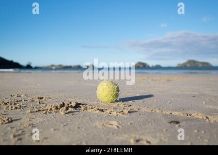 Vieille balle de tennis de sable sur une plage de Nouvelle-Zélande, avec une faible profondeur de champ et un ciel bleu Banque D'Images