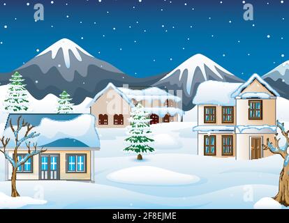 Illustration vectorielle du paysage de nuit d'hiver avec montagnes et neige maison couverte Illustration de Vecteur