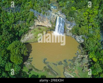 Hunua Falls est situé dans la partie ouest du parc régional de Hunua Ranges, dans la région d'Auckland. La spectaculaire chute d'eau de 30 mètres fait partie du Wairoa RI Banque D'Images