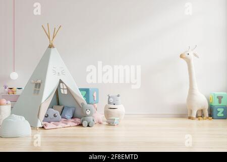 Salle de jeux pour enfants avec tente et table assise mur blanc, poupée.rendu 3D Banque D'Images