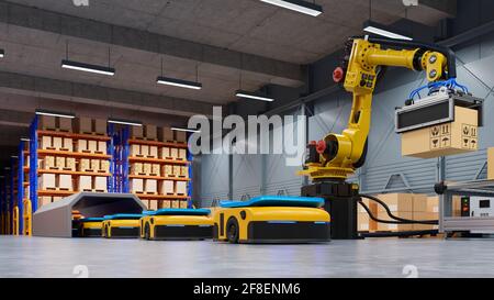 Automatisation en usine avec AGV et bras robotisé pour le transport vers Augmentez davantage le transport avec le rendu Safety.3D Banque D'Images