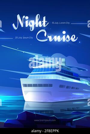 Croisière de nuit sur un paquebot de dessin animé Flyer, invitation à réserver un billet sur un voyage moderne en bateau dans l'océan, voyage maritime sur un voilier de luxe en terre tropicale, voyage sur un bateau à passagers Vector poster Illustration de Vecteur