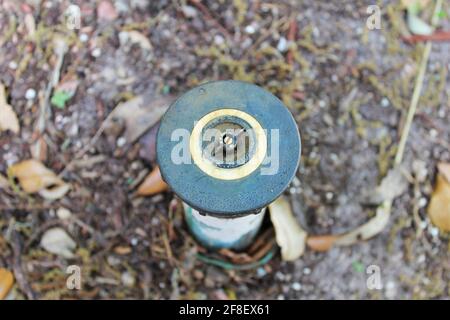 Arroseur à l'extérieur dans la cour. La buse de la tête de pulvérisation de l'arroseur d'irrigation cassée fuit de l'eau, ce qui entraîne une perte d'eau et une facture d'utilisation d'eau plus élevée. Banque D'Images