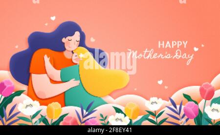 La mère helle son enfant montrant une bonne maternité, et la fille repose confortablement sur son épaule. Conception plate. Illustration de Vecteur