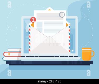 Concept de marketing par courrier. Ordinateur portable avec enveloppe et document à l'écran. E-mail, marketing par e-mail, concept de publicité sur Internet. Illustration vectorielle Illustration de Vecteur
