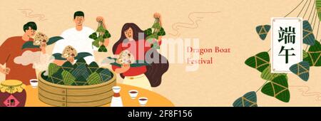 Les gens prennent le riz traditionnel qui se déverse du cuiseur à vapeur de bambou et boivent le vin de la région pour célébrer le Dragon Boat Festival. Duanwu vacances écrit en Chi Illustration de Vecteur