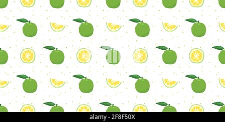 Illustration vectorielle de motif sans couture de fruits citrons japonais yuzu vert isolée sur fond blanc. Fruit frais complet, demi-et coupé en tranches d'agrumes yuzu Illustration de Vecteur