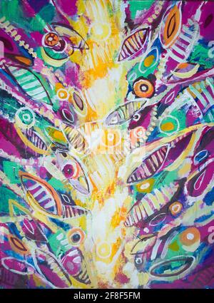 Peinture abstraite colorée en acrylique jaune, violet et blanc. Toile. Grunge l'arrière-plan. Éclaboussures blanches. Image de l'intérieur, comme partie de wa Banque D'Images