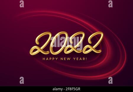 En-tête de calendrier 2022 nombre d'or métallique réaliste sur fond de tourbillon d'onde rouge avec éclat d'or. Bonne année 2022 fond rouge. Vecteur Illustration de Vecteur