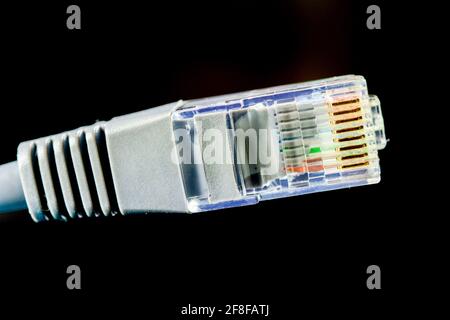 Connecteur rj-45 sur le cordon de raccordement pour la connexion ethernet LAN réseau. Macro de gros plan sur fond noir. Banque D'Images