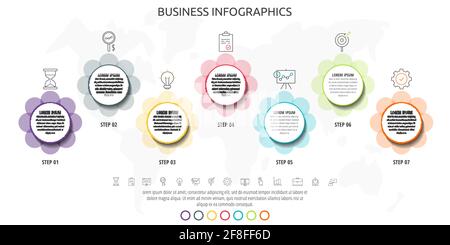 Cercles infographiques avec sept étapes, icônes. Modèle de vecteur de données de chronologie. Utilisé pour le diagramme, l'entreprise, le Web, la bannière, la mise en page du flux de travail, présentations Illustration de Vecteur
