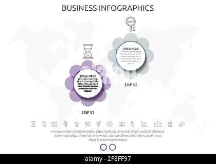 Cercles infographiques avec 2 étapes, icônes. Modèle de vecteur de données de chronologie. Utilisé pour le diagramme, l'entreprise, le Web, la bannière, la mise en page du flux de travail, organigramme, info Illustration de Vecteur