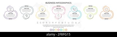 Cercles d'infographies de ligne avec sept étapes, étiquettes. Modèle de vecteur de données de chronologie. Utilisé pour le diagramme, l'entreprise, le Web, la bannière, la mise en page du flux de travail, presentat Illustration de Vecteur