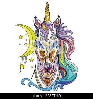 Tête de licorne avec des éléments d'angle et de dentisté. Illustration vectorielle abstraite colorée isolée sur fond blanc. Pour le design, l'impression, la décoration, la tatt Illustration de Vecteur