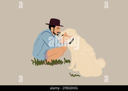Homme en chapeau assis et jouant avec un grand chien blanc. Amoureux et propriétaire d'animaux. Activité avec animal ami. Illustration vectorielle Illustration de Vecteur