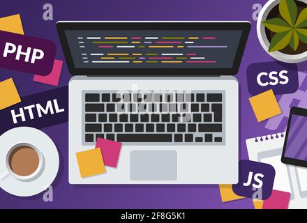 Développement Web et concept de codage sur fond violet. Illustration à plat d'un espace de travail de programmation avec ordinateur portable et langages de programmation. Banque D'Images