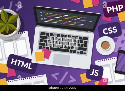 Développement Web et concept de codage sur fond violet. Illustration d'un espace de travail occupé par un programmeur avec un ordinateur portable et des langages de programmation. Banque D'Images