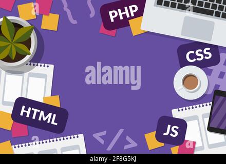 Développement Web et concept de codage bannière Web avec espace de copie sur fond violet. Illustration plate d'un espace de travail de programmation avec ordinateur portable, mobil Banque D'Images