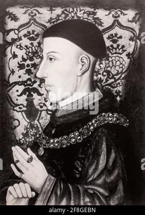 Un portrait d'Henry V 1386-1422), également appelé Henry de Monmouth, il fut roi d'Angleterre de 1413 jusqu'à sa mort en 1422. Malgré son règne relativement court, les succès militaires remarquables de Henry dans la guerre de cent ans contre la France ont fait de l'Angleterre l'une des plus fortes puissances militaires en Europe et Henry est connu et célébré comme l'un des plus grands rois guerriers de l'Angleterre médiévale. Banque D'Images