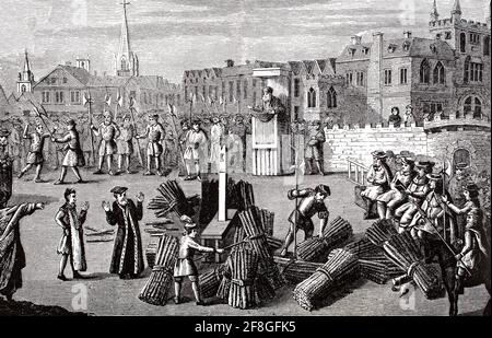 Préparatifs pour l'exécution de deux des martyrs d'Oxford, les protestants ont essayé de l'hérésie en 1555 et ont brûlé les enjeux à Oxford, en Angleterre, pour leurs croyances et enseignements religieux, pendant la persécution des Mariens en Angleterre. Les deux étaient les évêques anglican Hugh Latimer (1487-1555), l'aumônier de l'Église d'Angleterre du roi Edward VI et Nicholas Ridley (1500-1555), l'évêque anglais de Londres et un supporter de Lady Jane Gray. Banque D'Images