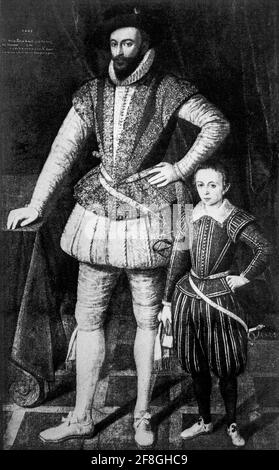 Un portrait de Sir Walter Raleigh et de son fils. Raleigh (1552-1618) était un homme d'État anglais, un soldat, un espion, un écrivain, un poète, explorer, et homme débarqué. L'une des figures les plus notables de l'époque élisabéthaine, il a joué un rôle de premier plan dans la colonisation anglaise de l'Amérique du Nord, a supprimé la rébellion en Irlande, a aidé à défendre l'Angleterre pendant l'Armada espagnole et a occupé des postes politiques sous Elizabeth I. Banque D'Images