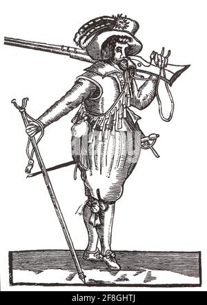 Le mousquetaire du XVIIe siècle, les précurseurs du rifleman, était une partie importante des armées modernes, particulièrement en Europe, car elles constituaient normalement la majorité de leur infanterie. Le mousket pouvait tirer au plus, deux tours par minute, et était précis jusqu'à environ 30 mètres. Dans cette illustration, le mousquetaire dispose d'un support en bois nécessaire pour tirer l'arme. Banque D'Images